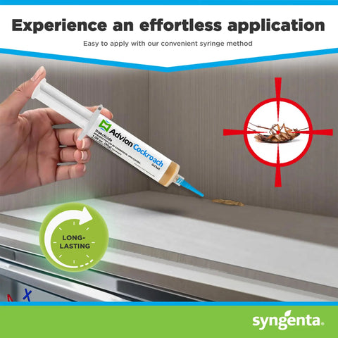Premium German Cockroach Exterminator Brown Gel Bait Syringe Kit Featuring Four Precision Plungers For Bad Bug Banishment And Effective No Sweat Cleanup in use applying bait.