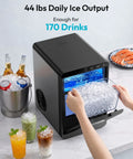 Quick Freeze Countertop Nugget Ice Maker Delivers 44 Pounds Of Soft Sonic Pellet Ice Daily With No Hassle Auto Wash And Smooth Chilling Performance For Everyday Households And Office Crews, showing ice production and drinks.
