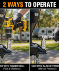 Heavy Duty Trailer Jack Drill Adapter Kit Compatible With 1 Inch Drive Shafts, shows operation methods with a drill and ratchet.