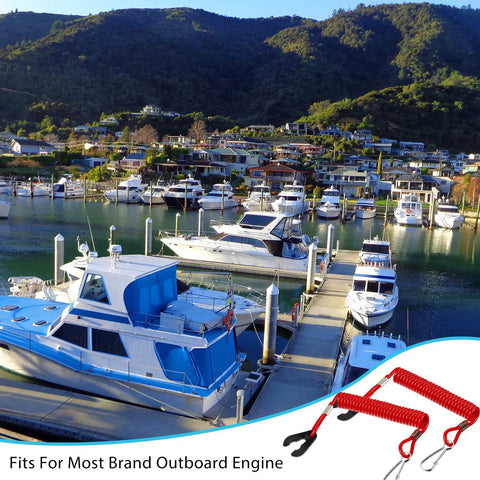 Harbor scene with boats and 4 Pack Universal Boat Kill Switch Lanyards Durable With Stop Switch Keys Emergency Engine Cord Tether, red safety lanyards.