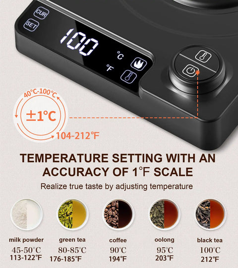 Close-up of Gooseneck Electric Kettle With Precise Temperature Control, showing digital display and temperature settings.