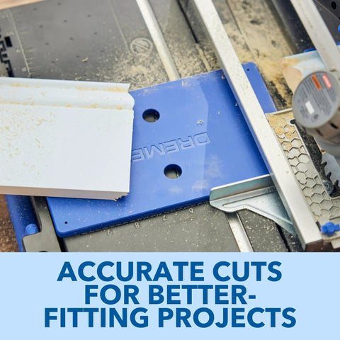 Close-up of Badass Portable 12V Cordless Circular Saw Station cutting wood with a blue miter gauge for accurate trimming.