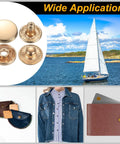Three 15mm gold brass snap buttons next to a denim jacket, showcasing 24 Pair Pro-Grade Brass Snap Buttons 15mm Gold Press Studs Fastener Kit.
