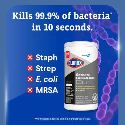 Screen Sanitizing Wipes For Electronics Bleach Free Cleaning Wipes With Citrus Scent 75 Count Non Abrasive And Safe On Screens Kills 99.9 Percent Of Bacteria Great For Phones Tablets Laptops And More displayed with bacteria illustrations and text highlighting effectiveness against Staph, Strep, E. coli, and MRSA.