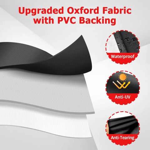 Heavy Duty Outdoor Grill Cover For Backyard BBQ Equipment Built Tough As Nails And Kicks Moisture Down South With Smooth Fit Design For Most Three To Five Burner Gas Grills Measuring Up To Fifty Eight Inches Wide In Sleek Black Color, showcasing upgraded waterproof Oxford fabric with PVC backing.