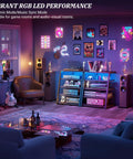 Rock Solid AV Media Stand With Zero Stress Assembly And Five Tier Adjustable Shelves For Stereo Racks And Compact Entertainment Centers A Total No Sweat Game Changer For Your Space in a vibrant, stylish living room with RGB LED lighting.