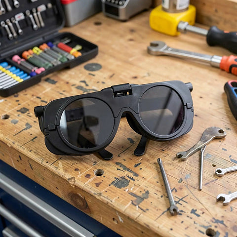 Heavy Duty Black Welding Safety Glasses With Dual Layer Lens To Block Bright Arc Light And Keep Eyes Comfortable For All Day Shop Grind Built Like Iron For Tough Fabrication Jobs And Solid Impact Protection on a workbench.