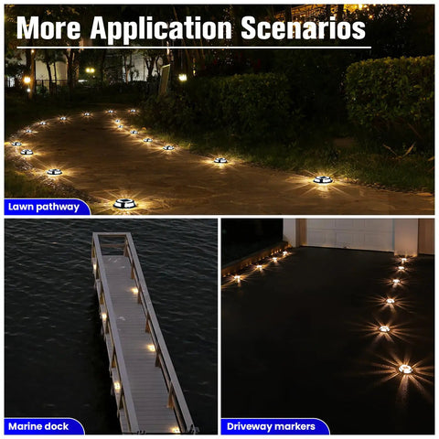 12 Pack Solar Ground Lights With Dual Color Modes White And Blue Waterproof Driveway Marker Lights illuminating pathways.