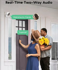 Outdoor Security Camera 2K Ultra Clear Home Surveillance With Color Night Vision AI Human And Pet Detection 2 Way Audio showing real-time interaction at a front door.