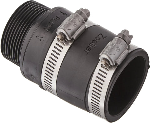 Zoeller inline check valve, small black plastic body with two metal hose clamps.