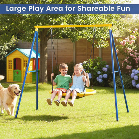 Heavy Duty 550lbs Metal Swing Set for Backyard Built Like a Tank Full Steel A Frame Swing Stand All Weather with Ground Stakes Adjustable Ropes Kid Approved Indoor Outdoor Fun Gift shown with two children playing on a swing.