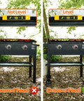 Comparison of a griddle using Quarter Inch Griddle Leveling Shims Kit Four Pack Leveler Tool For Precise Cooking And Even Heat On Griddle BBQ And Grill Accessories Professional Grade Made In USA, showing level and unlevel states with food results.