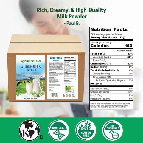 Whole Milk Powder For Baking And Cooking And Drinks Creamy Pasteurized Dry Milk Non GMO Gluten Free Kosher Certified 55 Lbs Wisconsin Sourced From Local Cows Go To Pantry Staple, packaging box with nutrition facts.