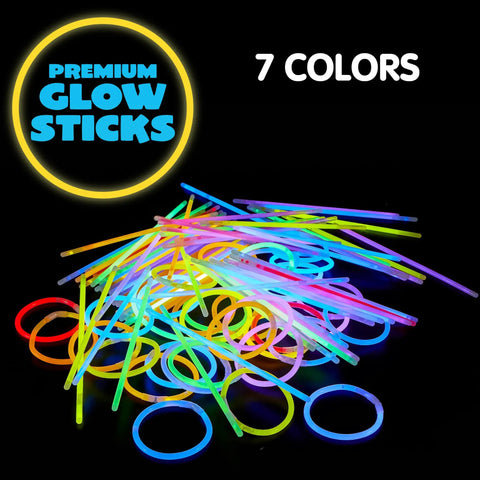 100 Piece Bulk Glow Stick Party Stack Featuring 8 Inch Neon Light Up Necklaces, Dope Flexing Armbands With Secure Snap Clips, Hella Bright Halloween Rave Gear For Your Night Out Squad, colorful glow sticks on black background.