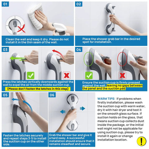 Installation guide for Heavy Duty 2 Pack Suction Grab Bars For Showers Rock Solid 12 Inch Handles with clear steps.