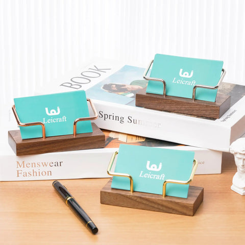 Desk Ready Pro Grade Card Holder For Desk Organization, Modern Card Organizer, Walnut Black Finish displayed on a desk with books