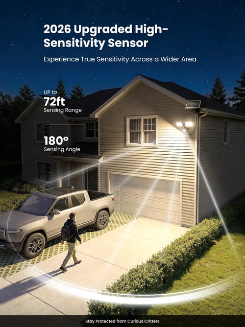 Onforu 36W Solar LED Security Lights, PIR Motion Sensor Outdoor, Yard with high-sensitivity sensor illuminating driveway.