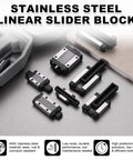 Image of Heavy Duty MGN7C Stainless Steel Linear Slider Block with Plastic Rail for CNC Routers and 3D Printers showing various blocks.
