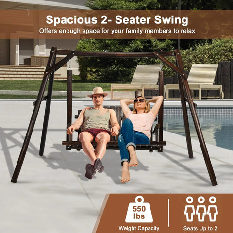 Wooden 2-Seat Porch Swing With A-Frame Stand for Outdoor Patio with two people sitting, 550 lbs capacity, carbonized finish