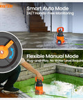 Quiet Quarter Horsepower Submersible Utility Pump With No Fuss Auto Water Sensor And Manual Mode displayed in indoor and outdoor use
