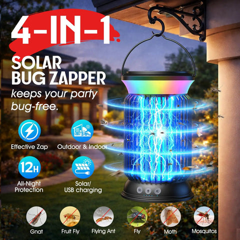 Outdoor Bug Zapper Sun Powered Mosquito Killer Cordless Rechargeable Battery IP66 Waterproof Long Runtime Portable Fly Zapper