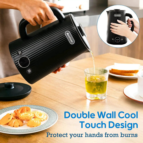 1.7L Large Electric Kettle With Temperature Control pouring hot water into a glass, double wall cool touch design, black color