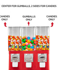 Commercial Candy Machine Dispenser Featuring Center Gumball Reel And Roomy Side Candy Bins Coin Operated Snack Stand with gumballs and assorted candies displayed.