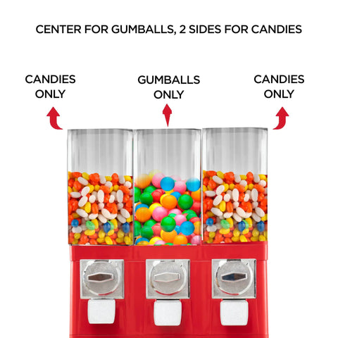 Commercial Candy Machine Dispenser Featuring Center Gumball Reel And Roomy Side Candy Bins Coin Operated Snack Stand with gumballs and assorted candies displayed.