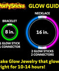 Glow guide showing 8 inch bracelet and 16 inch necklace instructions for 100 Pack 8 Inch Glow Sticks For Parties Lit Water Resistant Neon Light Up Bracelets And Necklaces With Connectors Dope Festival Rave Gear Legit Glow In The Dark Party Favors.
