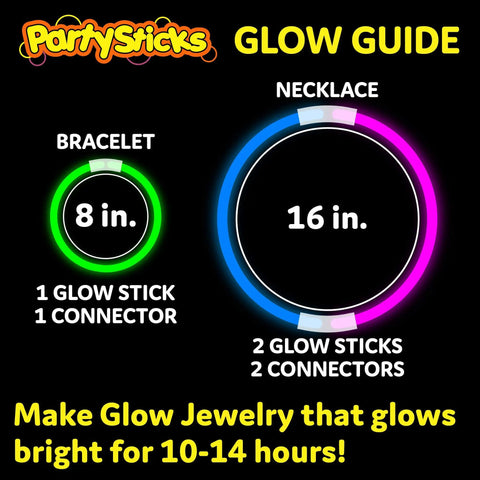 Glow guide showing 8 inch bracelet and 16 inch necklace instructions for 100 Pack 8 Inch Glow Sticks For Parties Lit Water Resistant Neon Light Up Bracelets And Necklaces With Connectors Dope Festival Rave Gear Legit Glow In The Dark Party Favors.