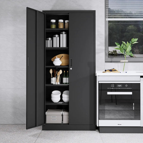 Built Like A Tank 71 Inch Tall Metal Storage Cabinet With Secure Locking Double Doors And Five Fully Adjustable Shelves In Durable Black Finish For Garage And Office, open view with kitchenware.