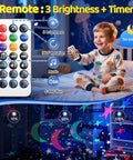 Child using remote for All In One Outdoor Speaker Sleep Sound Machine With Projector Star Light, room lit with stars