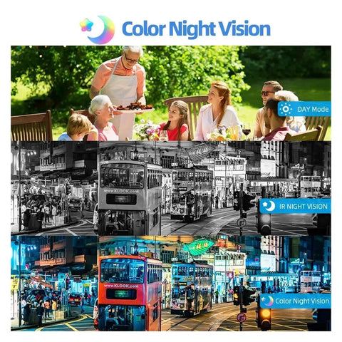Color Night Vision demo showcasing day and night modes, highlighting daylight gatherings and urban night scenes.