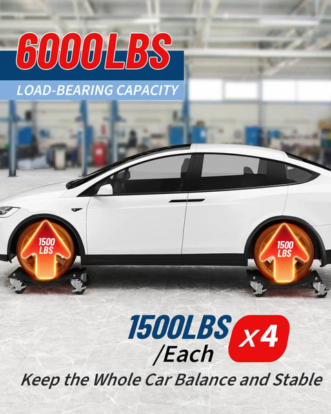 Heavy Duty Tire Wheel Dollies 4 Pack Garage Car Movers, Bad Boy Steel Floor Rollers with 1500 lbs each supporting a white car.