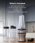 Heavy Duty Personal Blender Featuring 900W Push To Blend Motor And Pro Extractor Blades Crushing Ice For Nutrient Dense Smoothies Including Three Grab And Go 20 Oz Serveware Cups In Classic Silver on kitchen countertop.