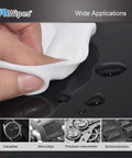 Front view of AAWipes cleanroom polyester wipe, 4x4 in white cloth, used to wipe a glossy black surface.