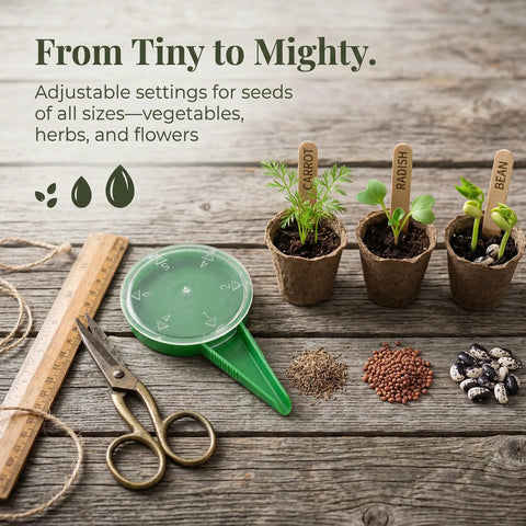 Handheld Seed Planter Tool With Five Level Adjustable Seeder For Tiny Seeds Seed Spreader Seed Dispenser Garden Tool in green.
