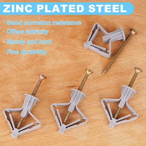 Hollow Wall Anchors And Screws Kit With 50 Butterfly Expansion Plugs And 50 Screws Self Drilling Drywall Anchors displayed on surface