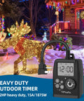 Heavy Duty Weatherproof Digital Outdoor Timer Outlet With Nifty Spin Dial For Real Simple Programming Big Bright Screen near holiday lights
