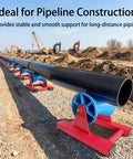 Rock Solid PE Pipe Roller Support Wheel 20 To 315 mm Heavy Duty Pipeline Sliding Tool for gas pipe welding and alignment, blue and red design.