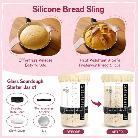 Silicone bread sling with sourdough in skillet and before-after glass sourdough starter jar, part of the 22-piece All-In-One Sourdough Gear.