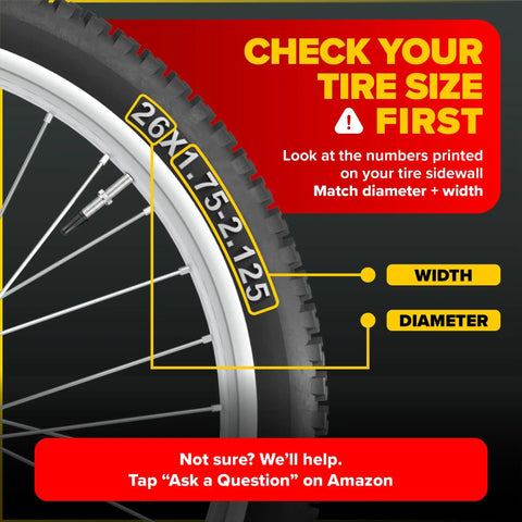 Image showing bike tire with highlighted tire sizes 26 x 1.75–2.125, emphasizing correct sizing for Heavy Duty 26 Inch Bike Inner Tube Set of 2 with Presta Valve.