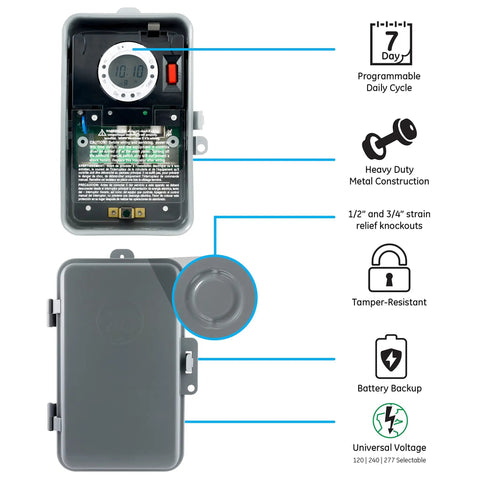 Heavy Duty Digital Pool Timer Switch Rugged Wall Mount Weatherproof Metal Housing Lockable Door with Battery Backup and Programmable Timer.