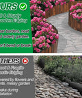 Comparison of weather resistant pine garden edging border fence with plastic edging, showing durability and neatness in patio setting.