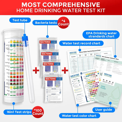 Most comprehensive home drinking water test kit with test tube, strips, and bacteria tests for easy at-home use.