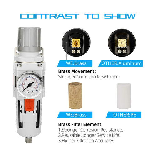 Three Eighth Inch NPT Air Filter Regulator Combo With Five Micron Brass Element showing brass movement and filter comparison