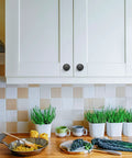 Modern kitchen with 60 Pack Matte Black Zinc Kitchen Cabinet Knobs And Drawer Pulls for Dressers on white cabinets.