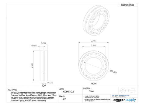 Heavy Duty Spherical Roller Bearing With 60mm Bore And 110mm OD For Industrial Machinery technical drawing with dimensions.