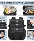Insulated Cooler Backpack With Leakproof Lining And Double Deck Design For Travel Camping Picnics And Beach Days 31L Holds 52 Cans Keeps Food Cold All Day Comfortable Everyday Use For Men And Women shown with multiple compartments and storage.