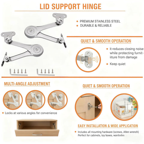 Solid Steel Cabinet Lid Support Hinges Two Pack Heavy Duty Folding Door Stays Zinc Coated Finish Holds Fifty Pounds with installation hardware.